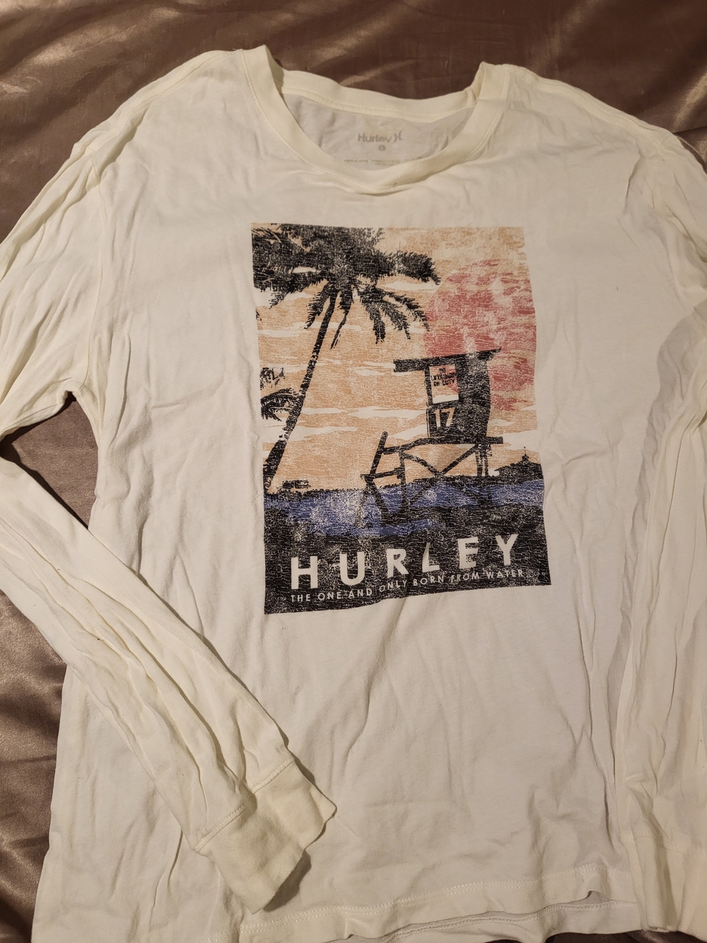 Hurley Cream Long Sleeve Tee with Beach Graphic